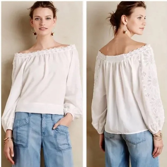 NWT Anthropologie Leifsdottir White Off Shoulder Embroidered Peasant Top S - Picture 1 of 15